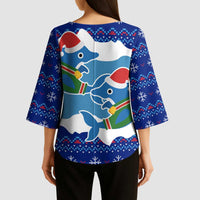 Dolphin Couple Christmas Kimono Sleeve Blouse Funny Xmas Holiday Patterns - Wonder Print Shop