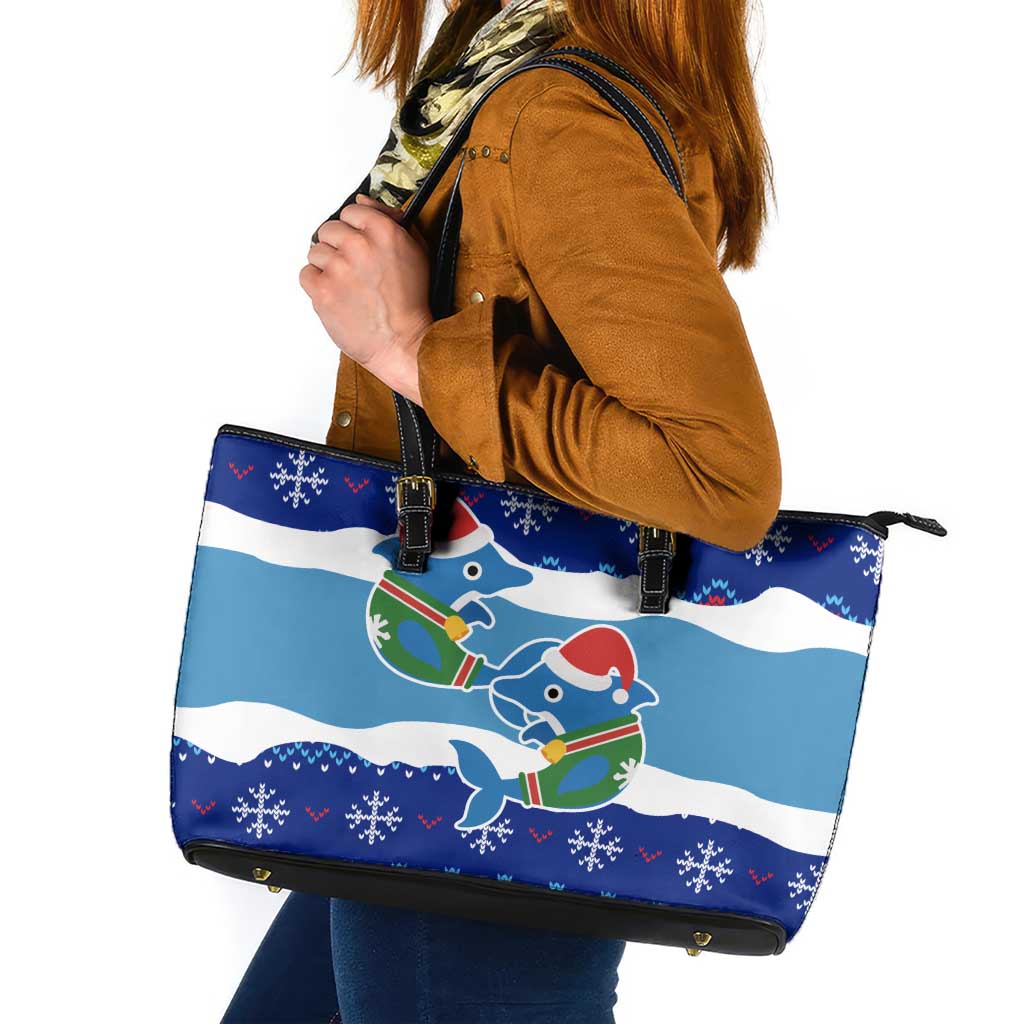 Dolphin Couple Christmas Leather Tote Bag Funny Xmas Holiday Patterns - Wonder Print Shop