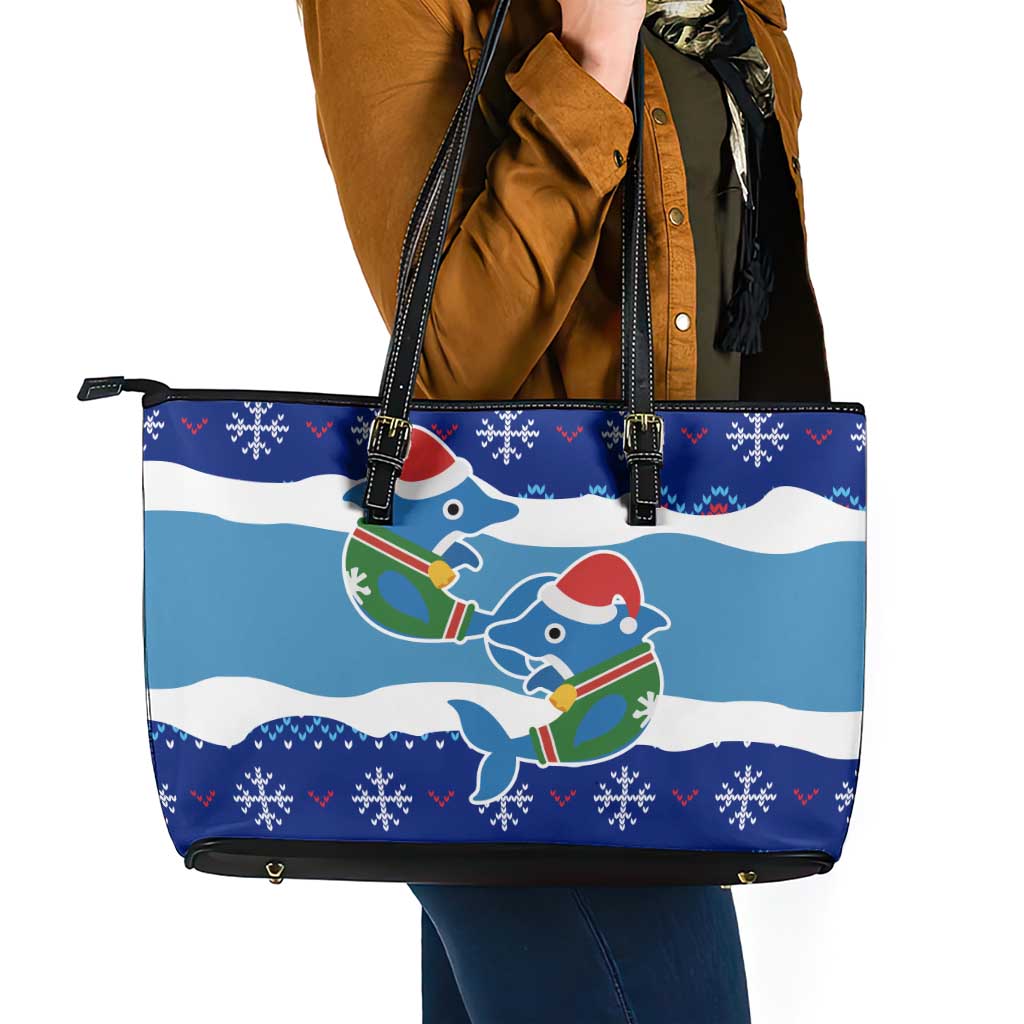 Dolphin Couple Christmas Leather Tote Bag Funny Xmas Holiday Patterns - Wonder Print Shop
