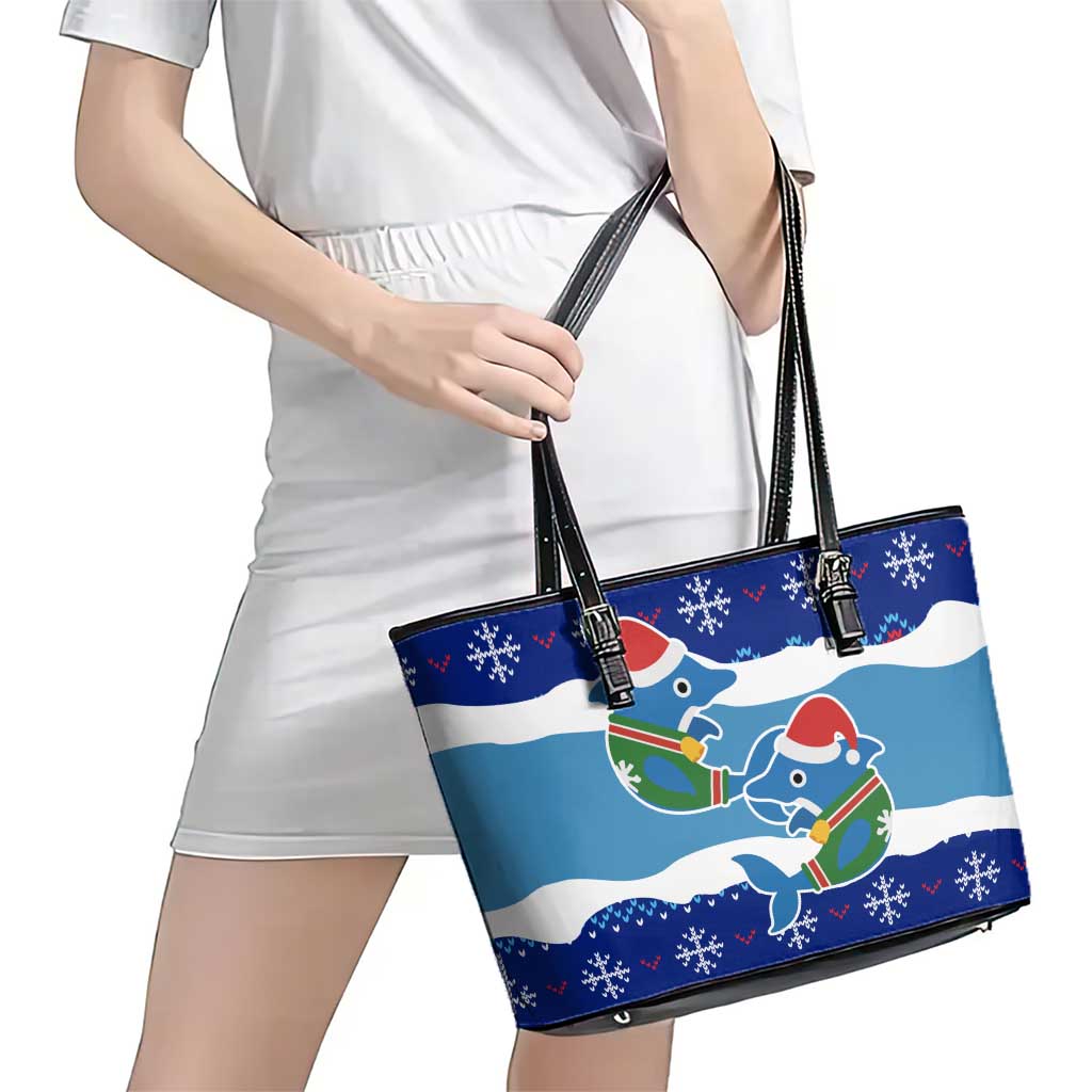 Dolphin Couple Christmas Leather Tote Bag Funny Xmas Holiday Patterns - Wonder Print Shop
