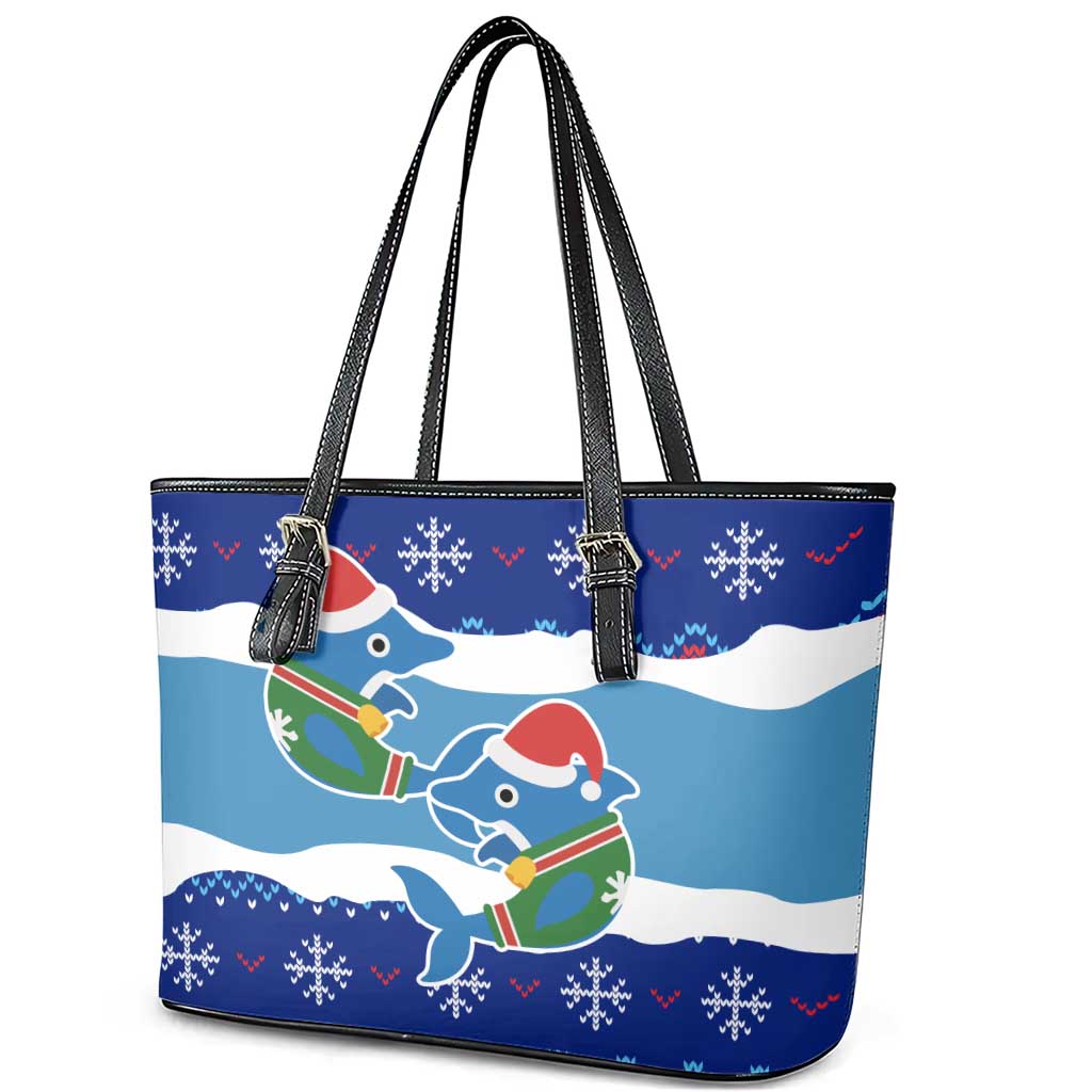 Dolphin Couple Christmas Leather Tote Bag Funny Xmas Holiday Patterns - Wonder Print Shop