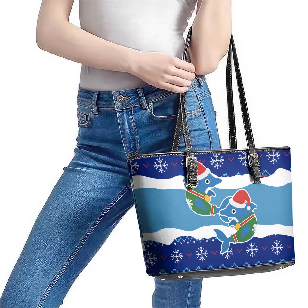 Dolphin Couple Christmas Leather Tote Bag Funny Xmas Holiday Patterns - Wonder Print Shop