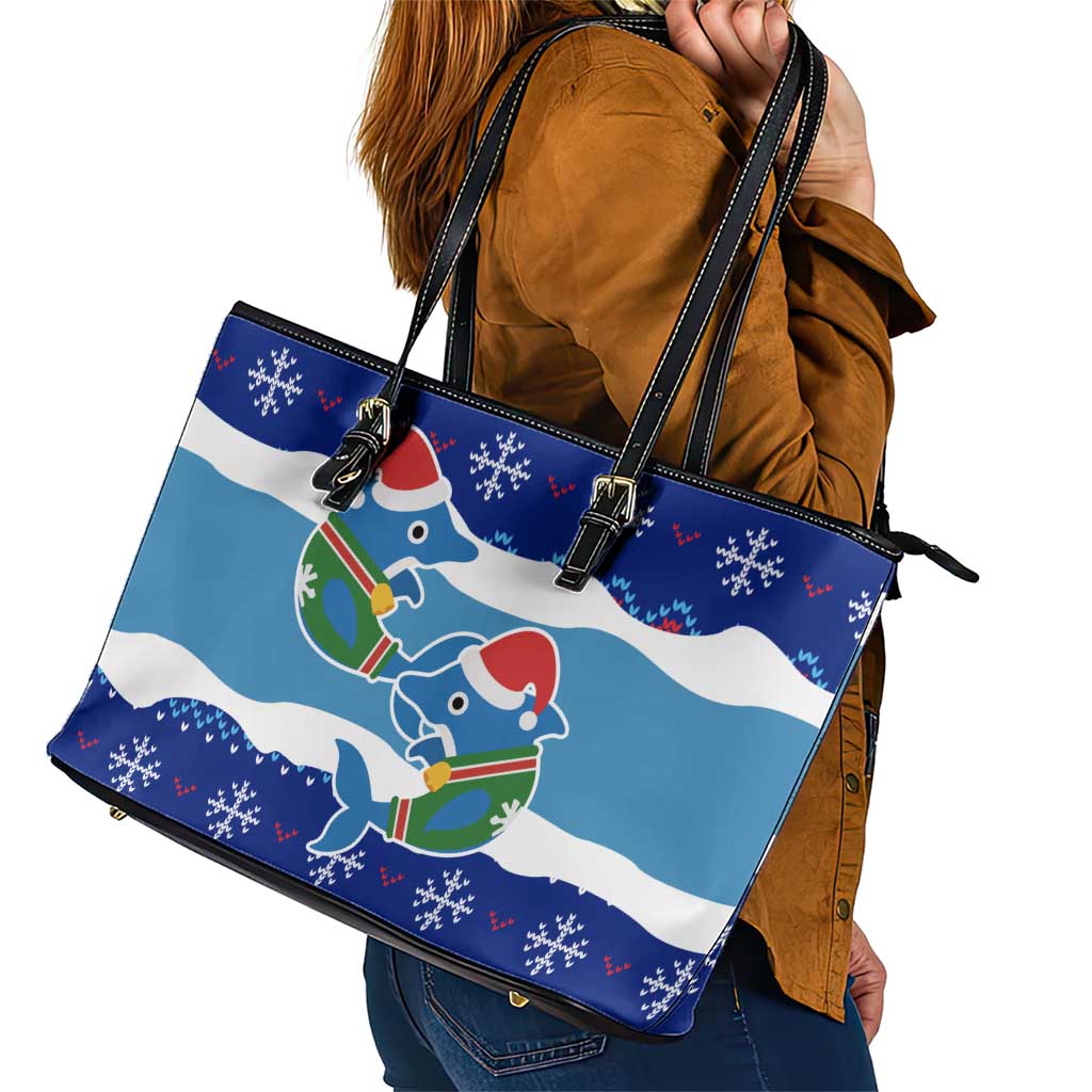 Dolphin Couple Christmas Leather Tote Bag Funny Xmas Holiday Patterns - Wonder Print Shop