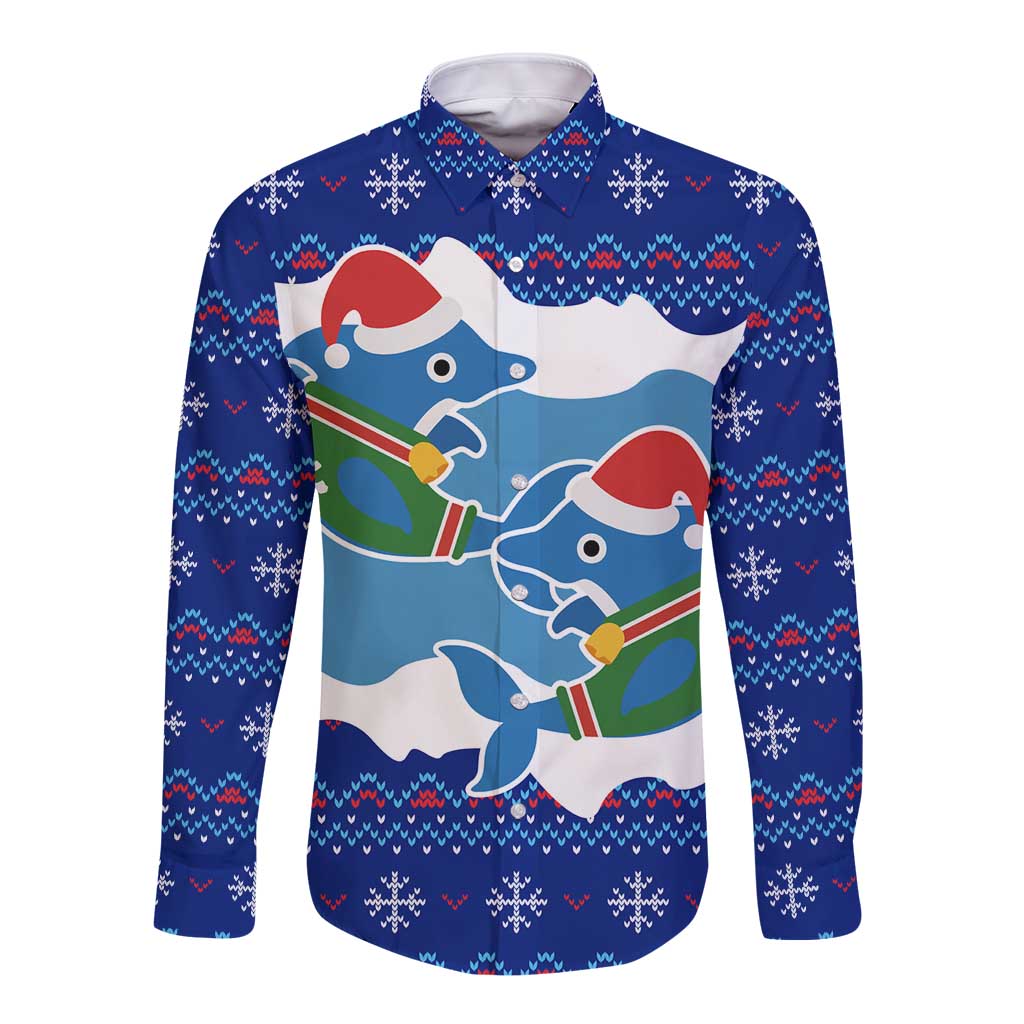 Dolphin Couple Christmas Long Sleeve Button Shirt Funny Xmas Holiday Patterns - Wonder Print Shop