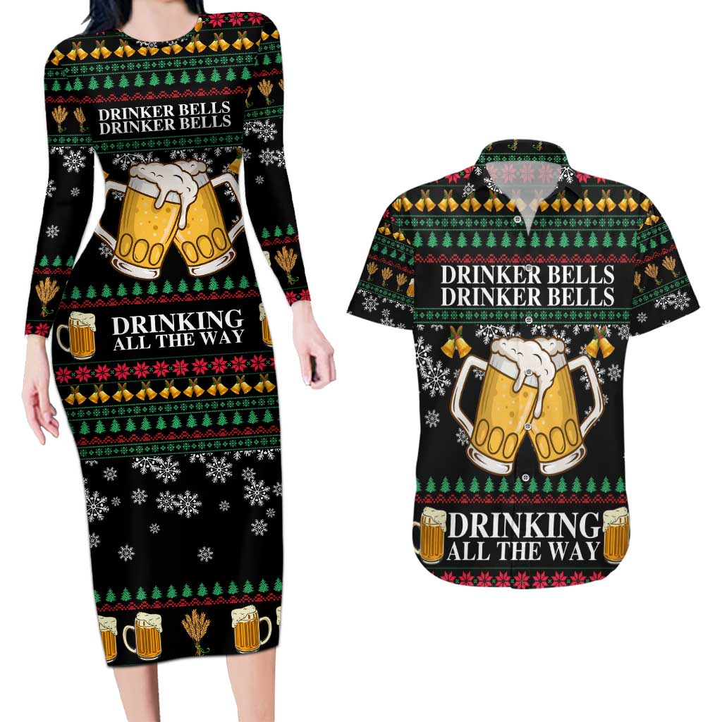 Drinker Bell Christmas Couples Matching Long Sleeve Bodycon Dress and Hawaiian Shirt Funny Xmas Holiday Patterns - Wonder Print Shop