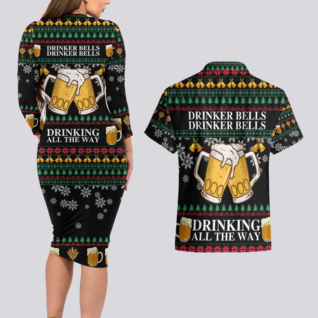 Drinker Bell Christmas Couples Matching Long Sleeve Bodycon Dress and Hawaiian Shirt Funny Xmas Holiday Patterns - Wonder Print Shop