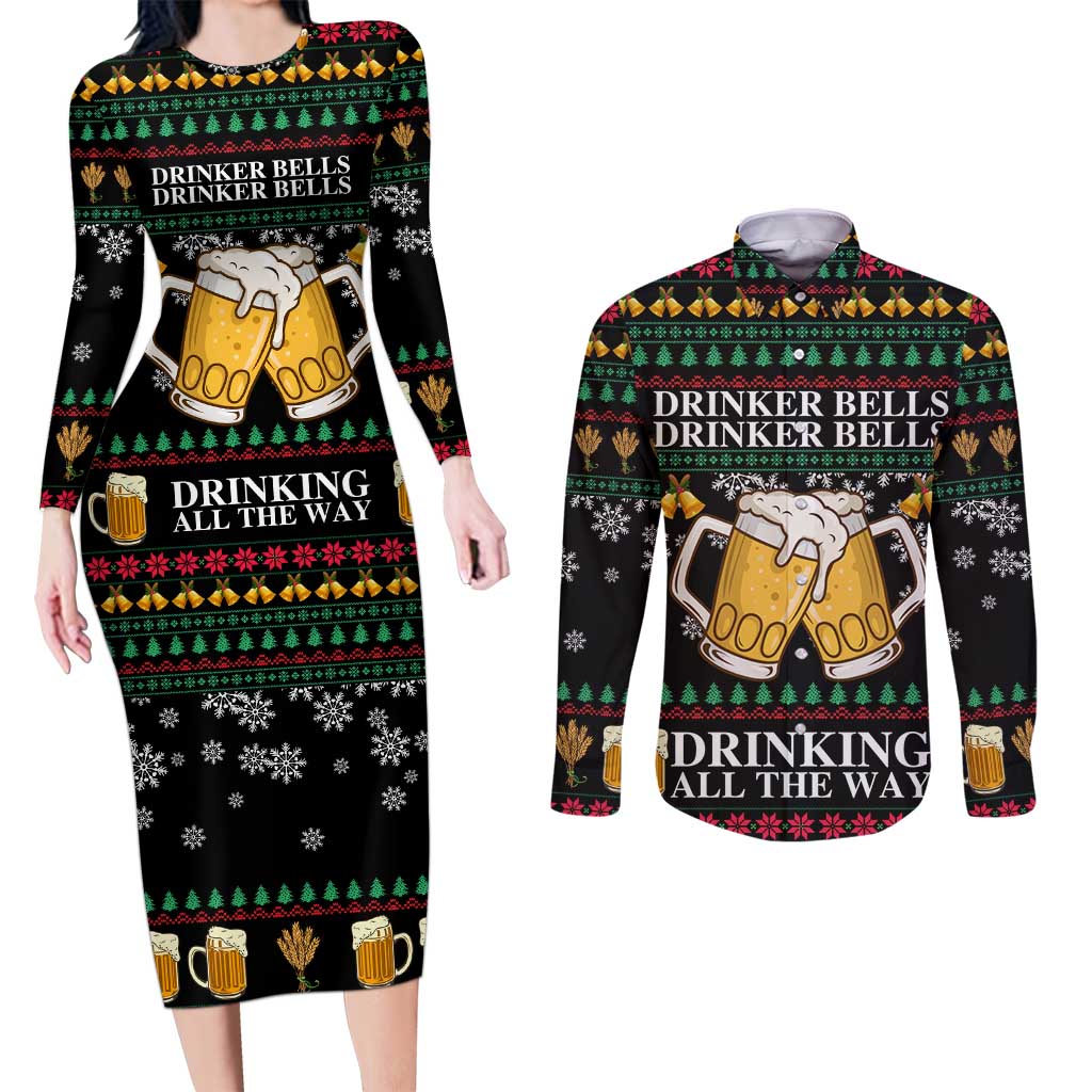 Drinker Bell Christmas Couples Matching Long Sleeve Bodycon Dress and Long Sleeve Button Shirt Funny Xmas Holiday Patterns - Wonder Print Shop