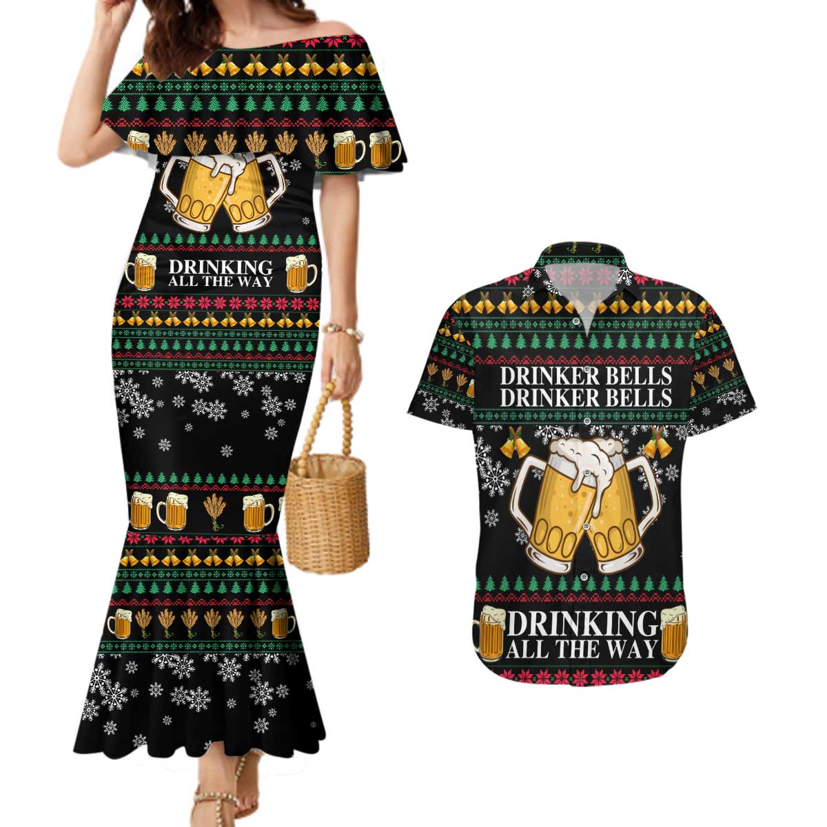 Drinker Bell Christmas Couples Matching Mermaid Dress and Hawaiian Shirt Funny Xmas Holiday Patterns - Wonder Print Shop