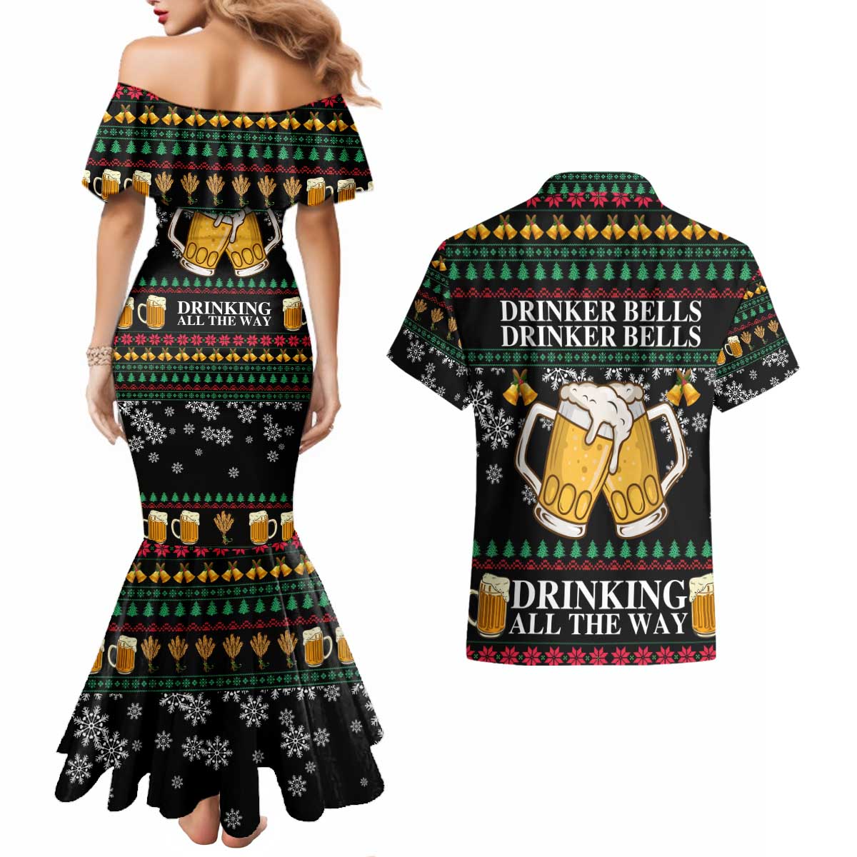 Drinker Bell Christmas Couples Matching Mermaid Dress and Hawaiian Shirt Funny Xmas Holiday Patterns - Wonder Print Shop