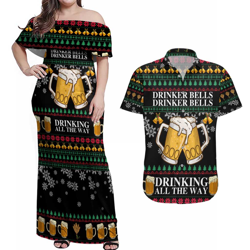 Drinker Bell Christmas Couples Matching Off Shoulder Maxi Dress and Hawaiian Shirt Funny Xmas Holiday Patterns - Wonder Print Shop