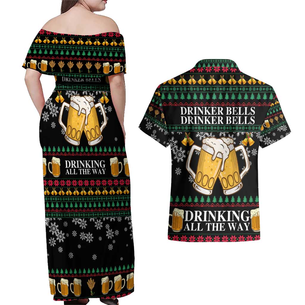 Drinker Bell Christmas Couples Matching Off Shoulder Maxi Dress and Hawaiian Shirt Funny Xmas Holiday Patterns - Wonder Print Shop