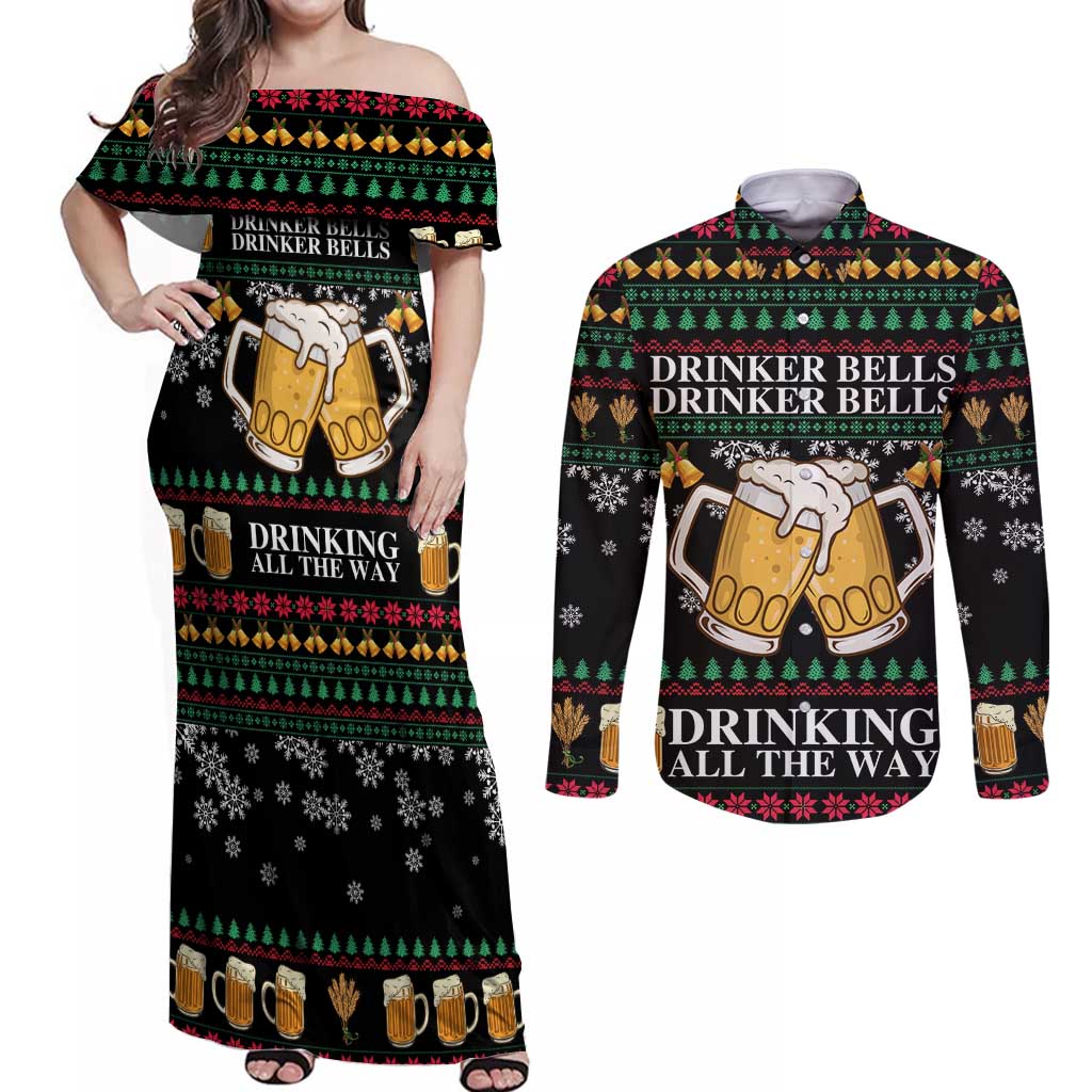 Drinker Bell Christmas Couples Matching Off Shoulder Maxi Dress and Long Sleeve Button Shirt Funny Xmas Holiday Patterns - Wonder Print Shop