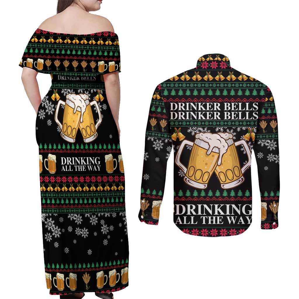Drinker Bell Christmas Couples Matching Off Shoulder Maxi Dress and Long Sleeve Button Shirt Funny Xmas Holiday Patterns - Wonder Print Shop