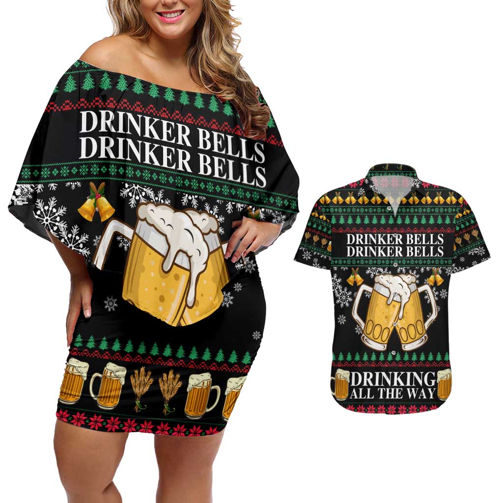 Drinker Bell Christmas Couples Matching Off Shoulder Short Dress and Hawaiian Shirt Funny Xmas Holiday Patterns - Wonder Print Shop