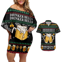 Drinker Bell Christmas Couples Matching Off Shoulder Short Dress and Hawaiian Shirt Funny Xmas Holiday Patterns - Wonder Print Shop