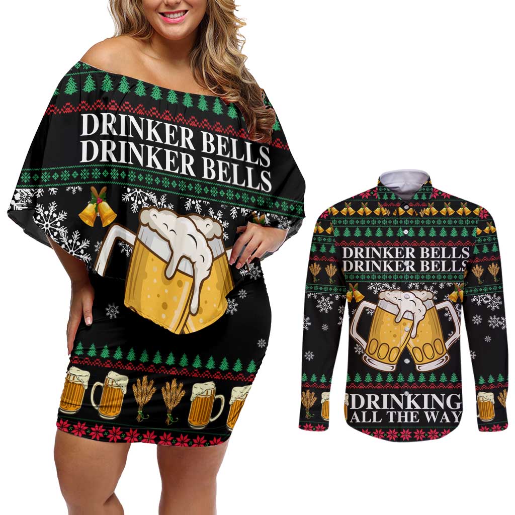 Drinker Bell Christmas Couples Matching Off Shoulder Short Dress and Long Sleeve Button Shirt Funny Xmas Holiday Patterns - Wonder Print Shop