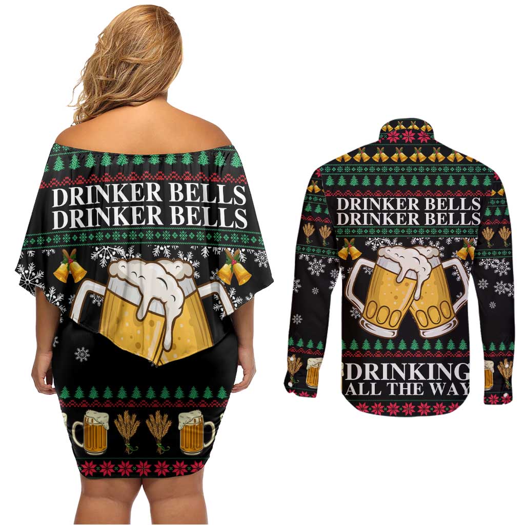 Drinker Bell Christmas Couples Matching Off Shoulder Short Dress and Long Sleeve Button Shirt Funny Xmas Holiday Patterns - Wonder Print Shop
