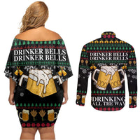 Drinker Bell Christmas Couples Matching Off Shoulder Short Dress and Long Sleeve Button Shirt Funny Xmas Holiday Patterns - Wonder Print Shop