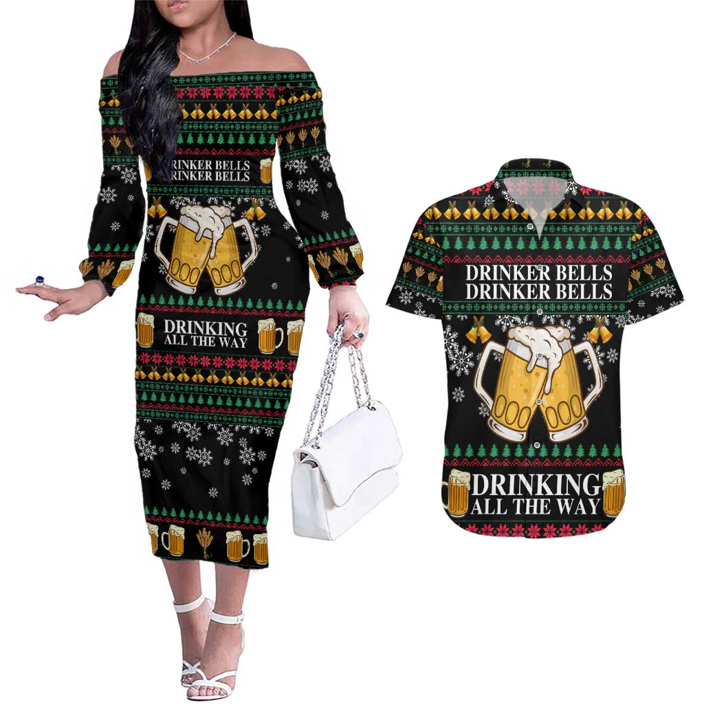 Drinker Bell Christmas Couples Matching Off The Shoulder Long Sleeve Dress and Hawaiian Shirt Funny Xmas Holiday Patterns - Wonder Print Shop