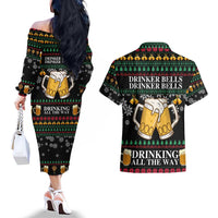 Drinker Bell Christmas Couples Matching Off The Shoulder Long Sleeve Dress and Hawaiian Shirt Funny Xmas Holiday Patterns - Wonder Print Shop