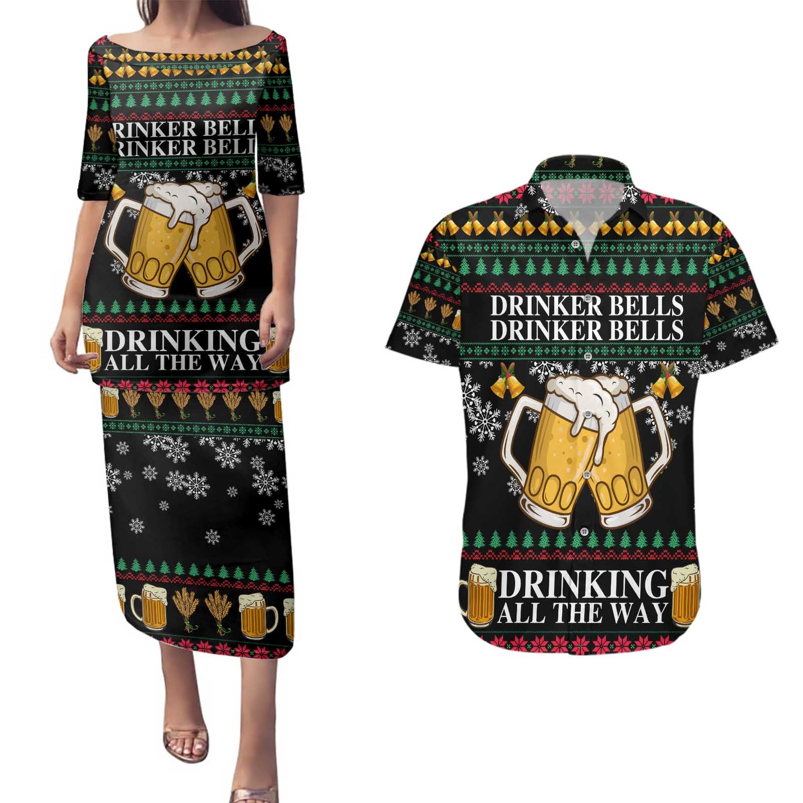 Drinker Bell Christmas Couples Matching Puletasi and Hawaiian Shirt Funny Xmas Holiday Patterns - Wonder Print Shop