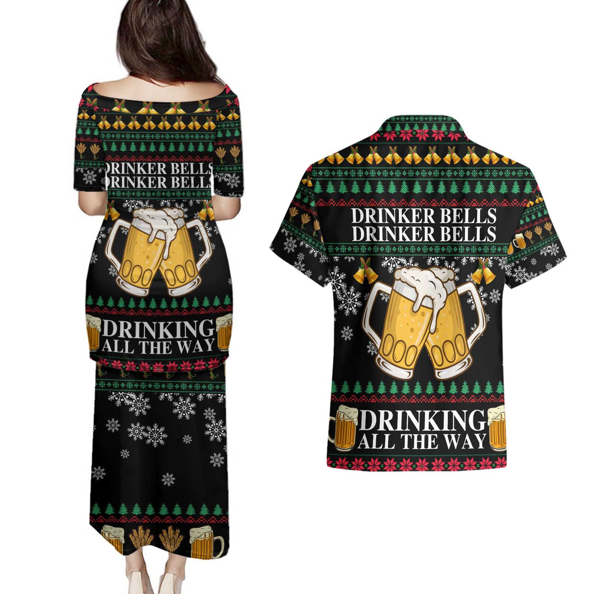 Drinker Bell Christmas Couples Matching Puletasi and Hawaiian Shirt Funny Xmas Holiday Patterns - Wonder Print Shop