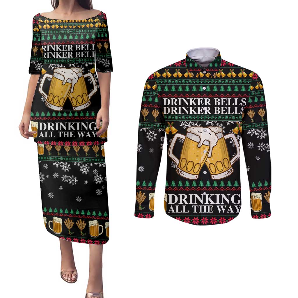 Drinker Bell Christmas Couples Matching Puletasi and Long Sleeve Button Shirt Funny Xmas Holiday Patterns - Wonder Print Shop