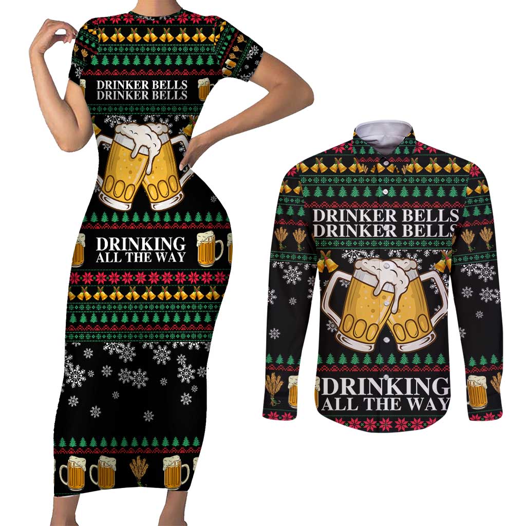 Drinker Bell Christmas Couples Matching Short Sleeve Bodycon Dress and Long Sleeve Button Shirt Funny Xmas Holiday Patterns - Wonder Print Shop