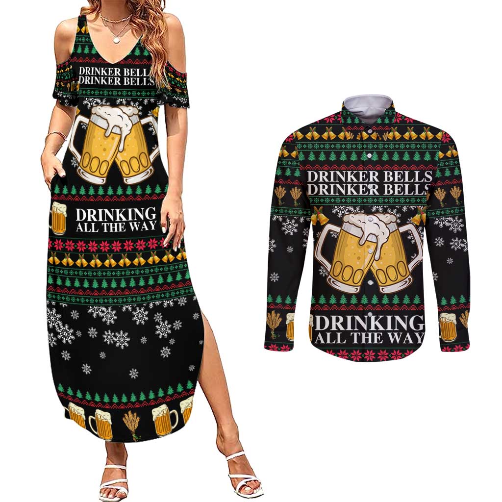 Drinker Bell Christmas Couples Matching Summer Maxi Dress and Long Sleeve Button Shirt Funny Xmas Holiday Patterns - Wonder Print Shop