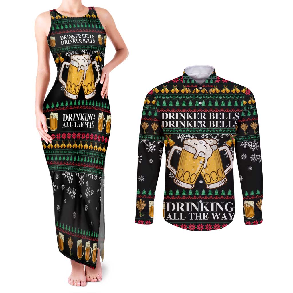 Drinker Bell Christmas Couples Matching Tank Maxi Dress and Long Sleeve Button Shirt Funny Xmas Holiday Patterns - Wonder Print Shop
