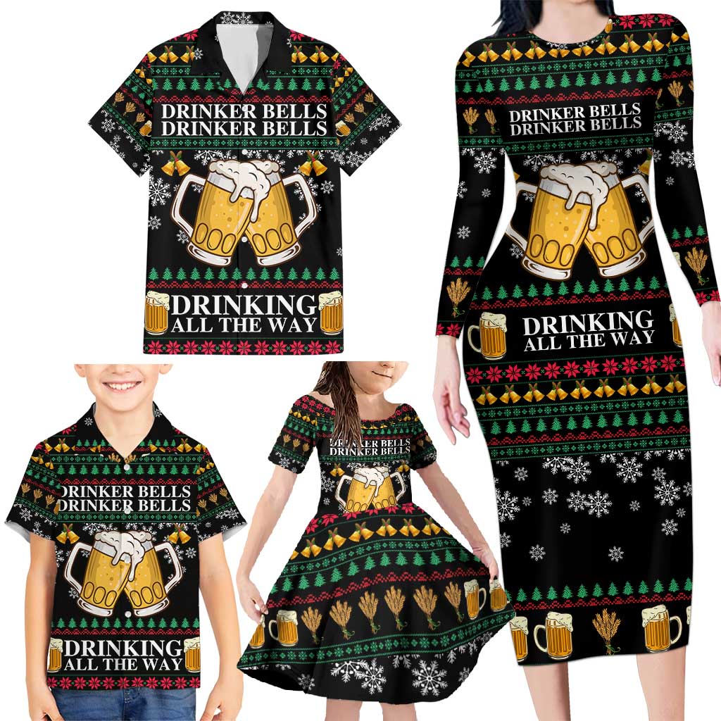 Drinker Bell Christmas Family Matching Long Sleeve Bodycon Dress and Hawaiian Shirt Funny Xmas Holiday Patterns - Wonder Print Shop