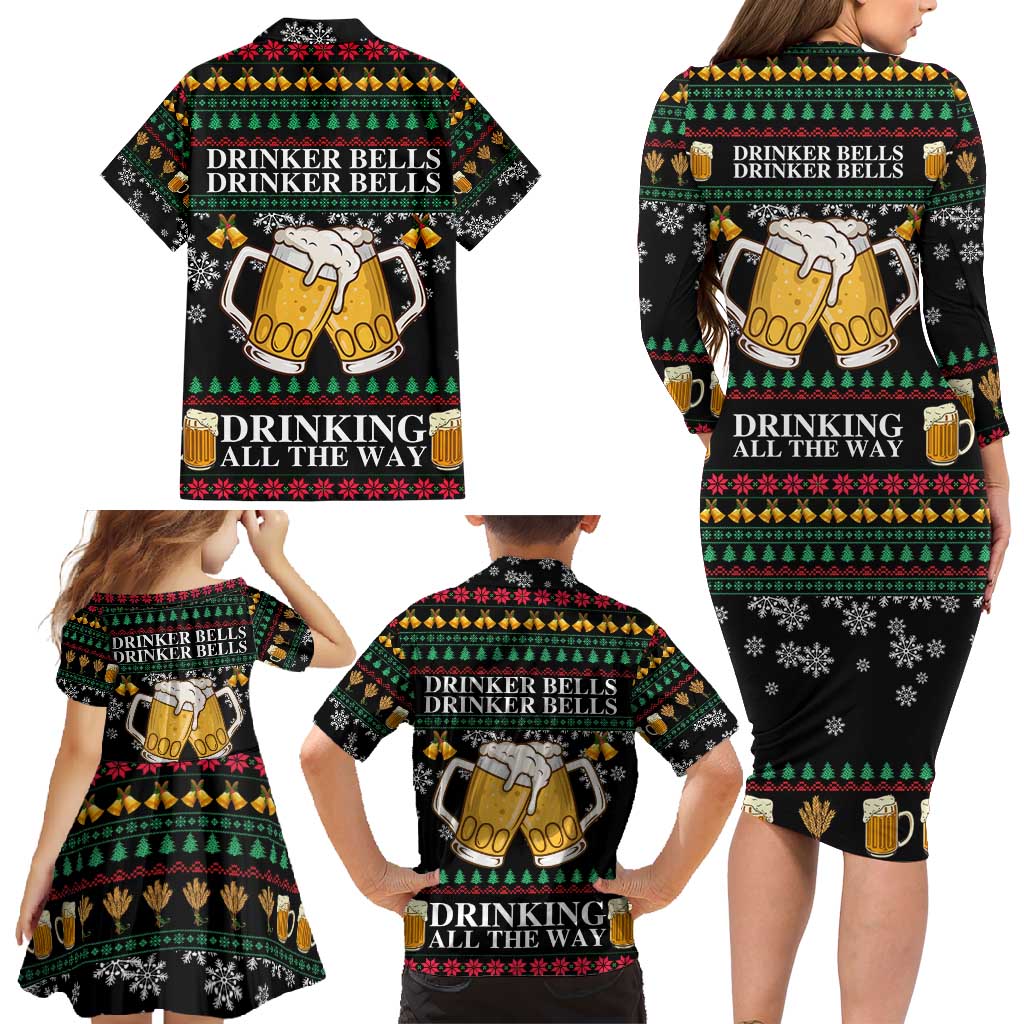 Drinker Bell Christmas Family Matching Long Sleeve Bodycon Dress and Hawaiian Shirt Funny Xmas Holiday Patterns - Wonder Print Shop