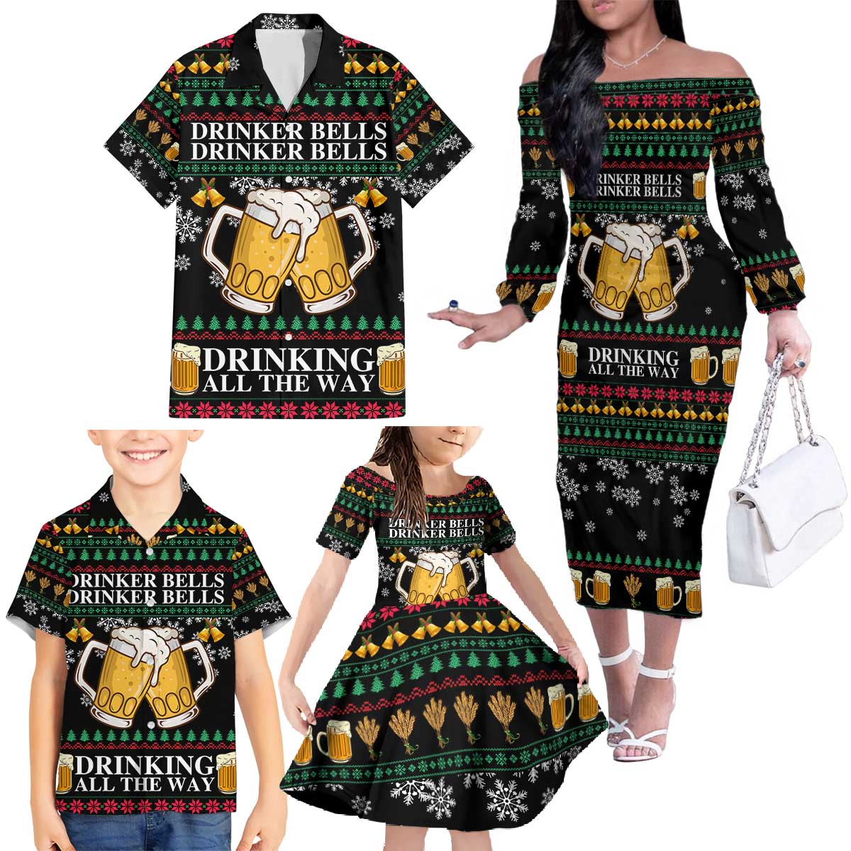 Drinker Bell Christmas Family Matching Off The Shoulder Long Sleeve Dress and Hawaiian Shirt Funny Xmas Holiday Patterns - Wonder Print Shop