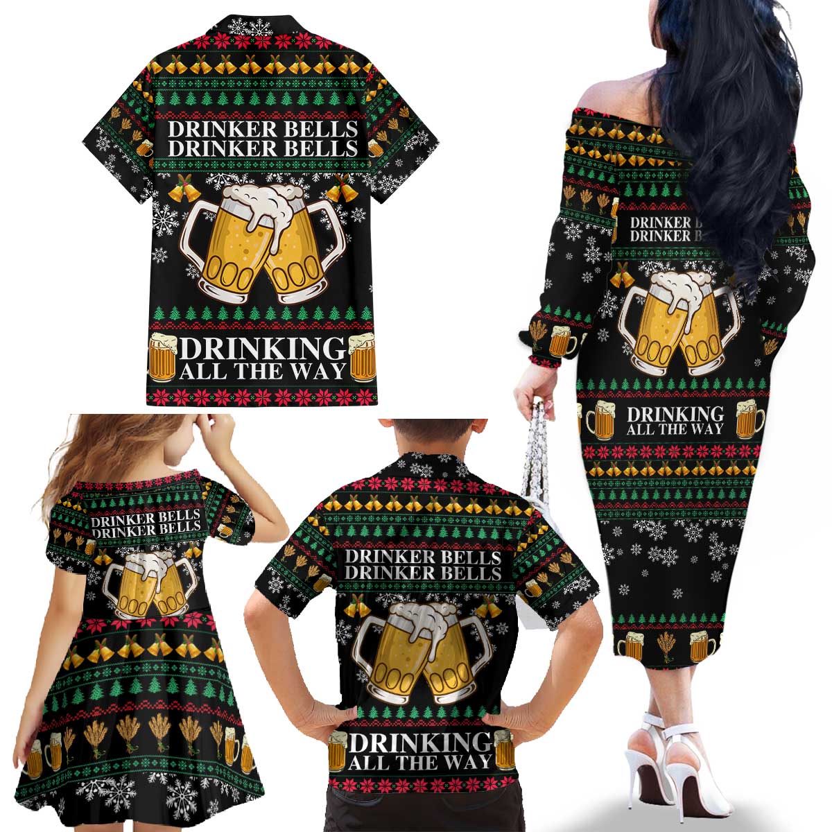 Drinker Bell Christmas Family Matching Off The Shoulder Long Sleeve Dress and Hawaiian Shirt Funny Xmas Holiday Patterns - Wonder Print Shop