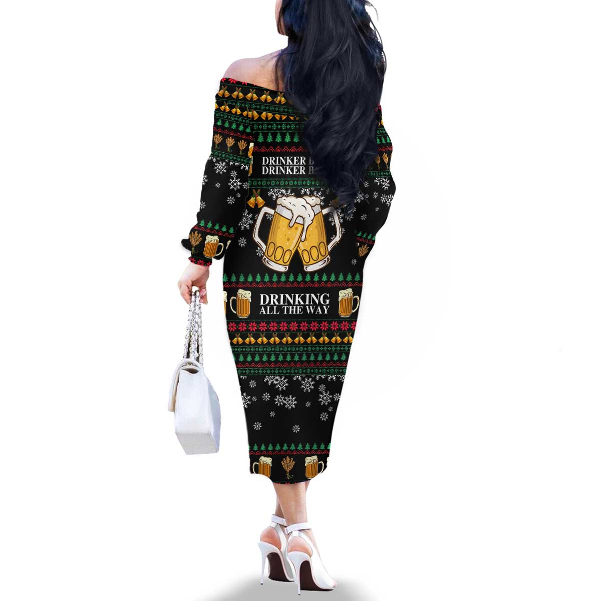 Drinker Bell Christmas Family Matching Off The Shoulder Long Sleeve Dress and Hawaiian Shirt Funny Xmas Holiday Patterns - Wonder Print Shop
