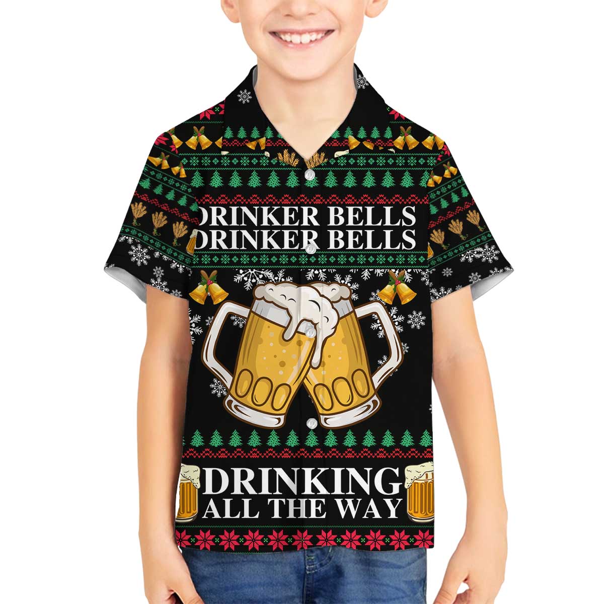 Drinker Bell Christmas Family Matching Off The Shoulder Long Sleeve Dress and Hawaiian Shirt Funny Xmas Holiday Patterns - Wonder Print Shop
