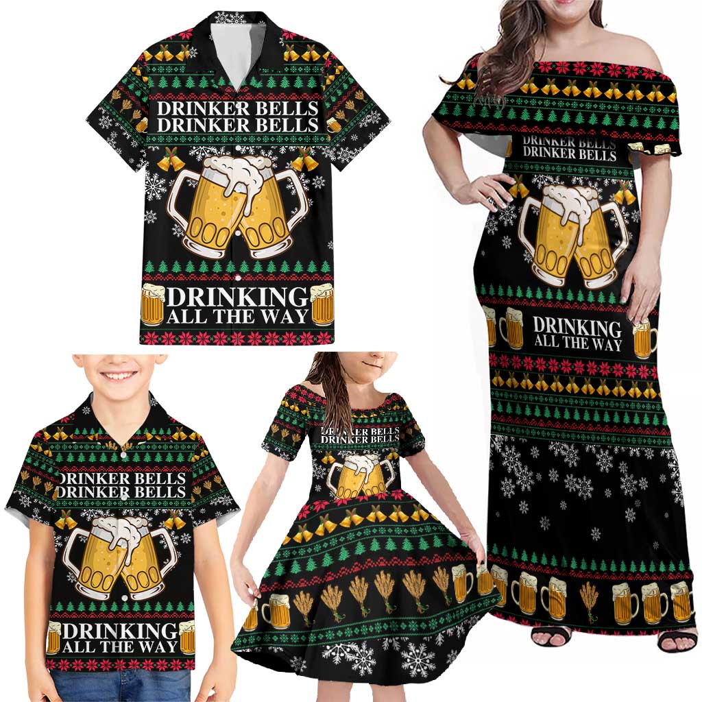 Drinker Bell Christmas Family Matching Off Shoulder Maxi Dress and Hawaiian Shirt Funny Xmas Holiday Patterns - Wonder Print Shop