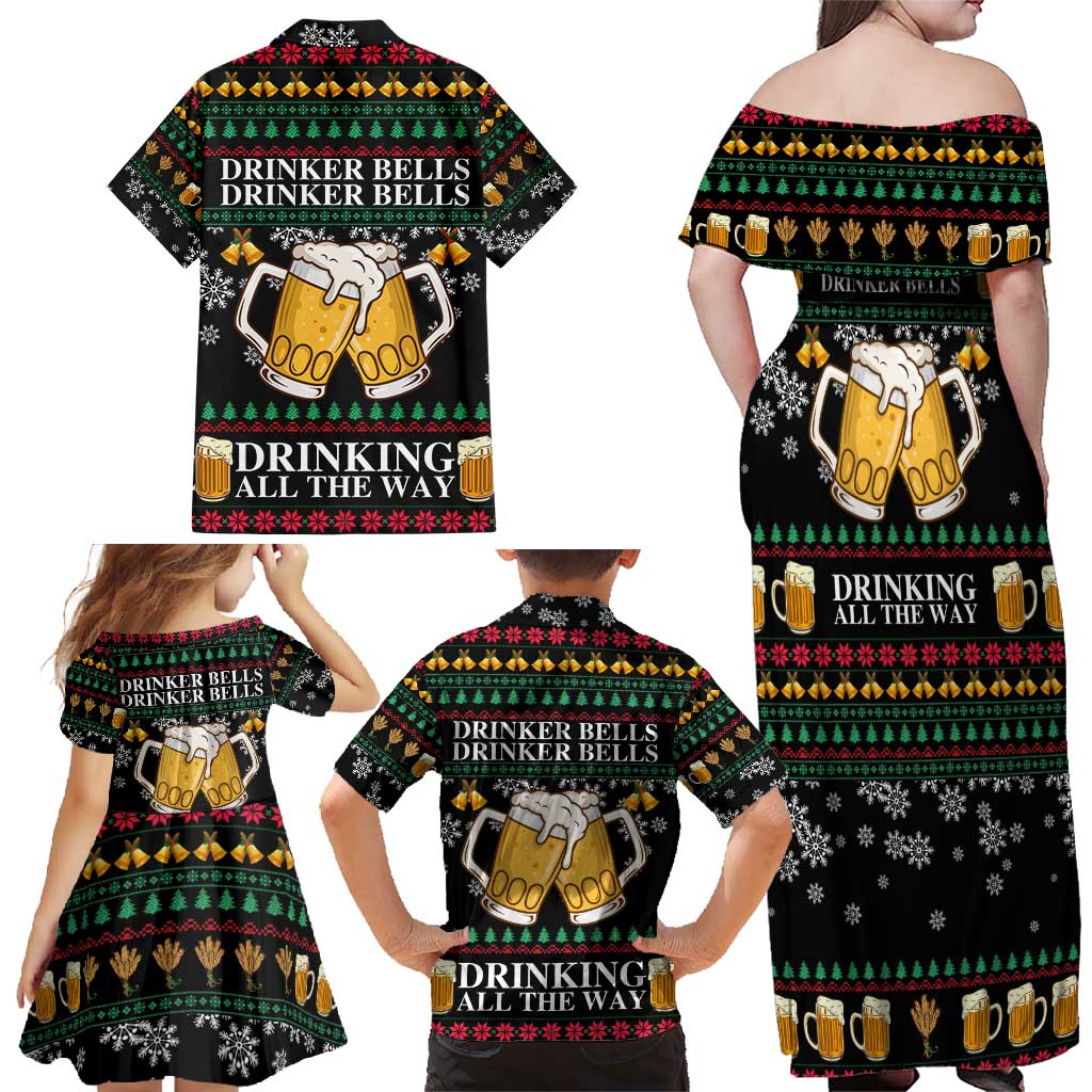 Drinker Bell Christmas Family Matching Off Shoulder Maxi Dress and Hawaiian Shirt Funny Xmas Holiday Patterns - Wonder Print Shop