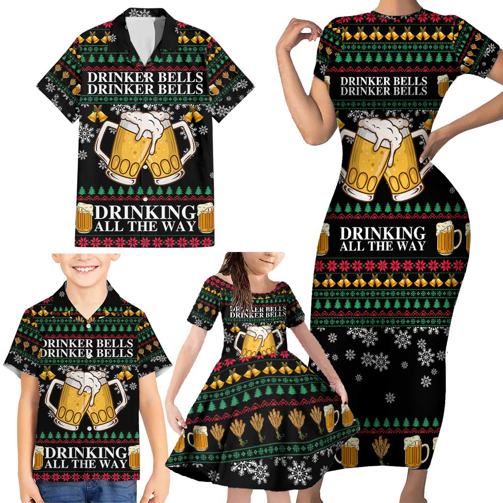 Drinker Bell Christmas Family Matching Short Sleeve Bodycon Dress and Hawaiian Shirt Funny Xmas Holiday Patterns - Wonder Print Shop