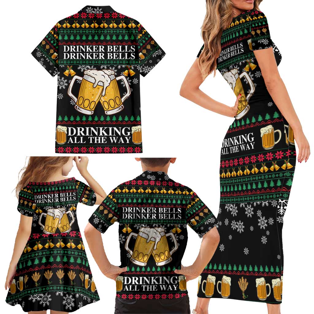 Drinker Bell Christmas Family Matching Short Sleeve Bodycon Dress and Hawaiian Shirt Funny Xmas Holiday Patterns - Wonder Print Shop