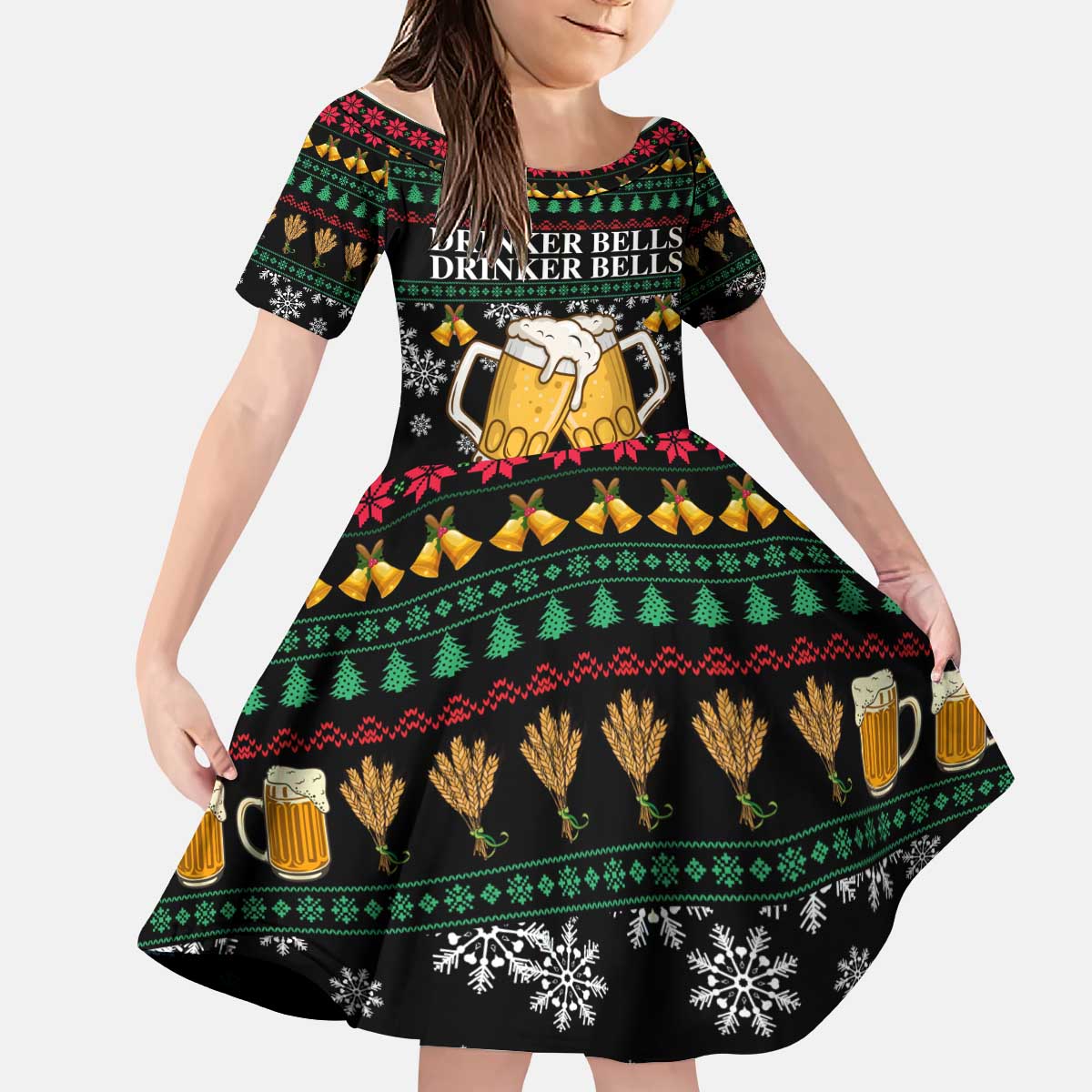 Drinker Bell Christmas Kid Short Sleeve Dress Funny Xmas Holiday Patterns - Wonder Print Shop