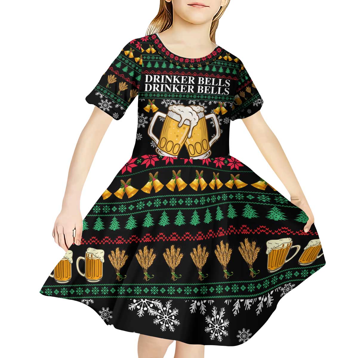 Drinker Bell Christmas Kid Short Sleeve Dress Funny Xmas Holiday Patterns - Wonder Print Shop