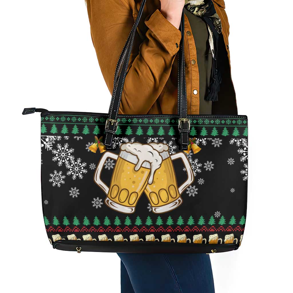 Drinker Bell Christmas Leather Tote Bag Funny Xmas Holiday Patterns - Wonder Print Shop