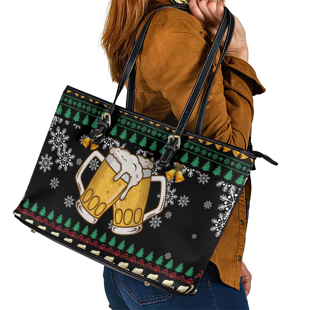 Drinker Bell Christmas Leather Tote Bag Funny Xmas Holiday Patterns - Wonder Print Shop