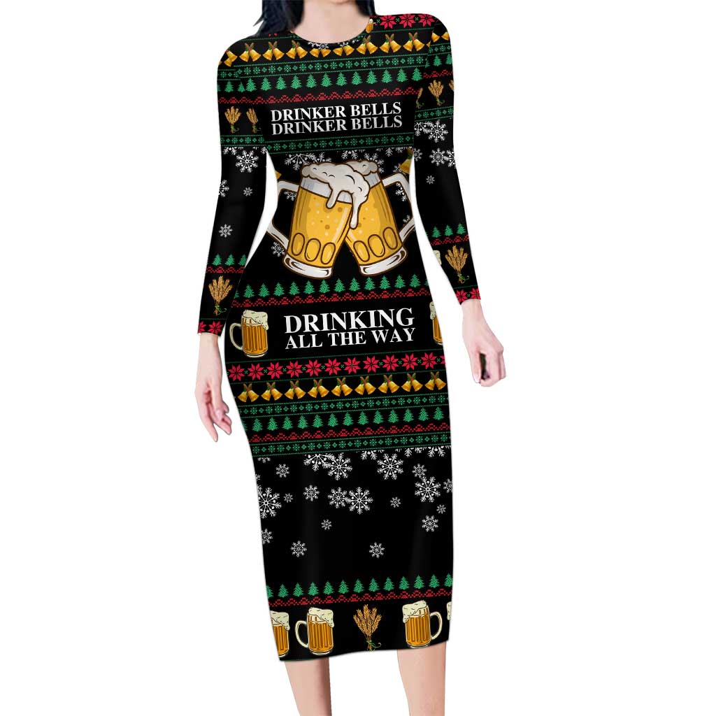 Drinker Bell Christmas Long Sleeve Bodycon Dress Funny Xmas Holiday Patterns - Wonder Print Shop