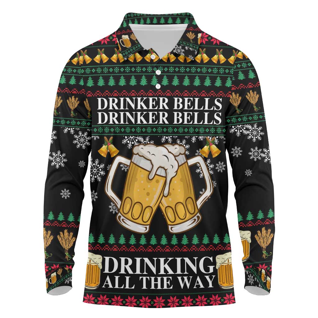 Drinker Bell Christmas Long Sleeve Polo Shirt Funny Xmas Holiday Patterns - Wonder Print Shop