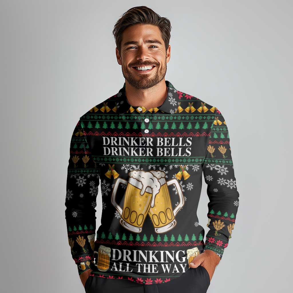 Drinker Bell Christmas Long Sleeve Polo Shirt Funny Xmas Holiday Patterns - Wonder Print Shop