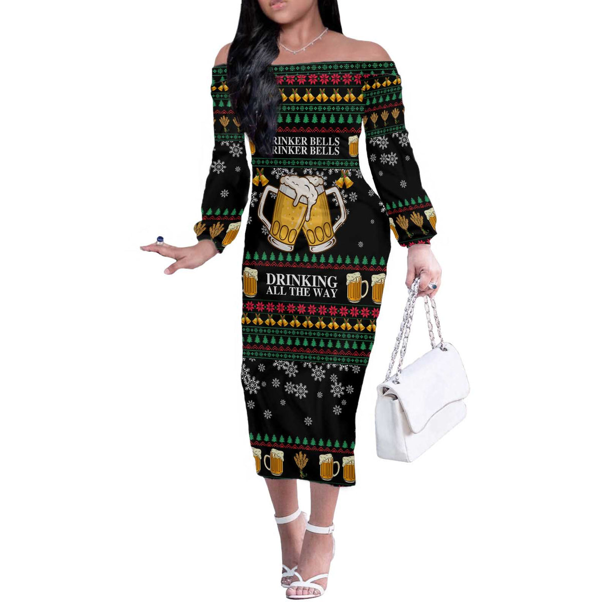Drinker Bell Christmas Off The Shoulder Long Sleeve Dress Funny Xmas Holiday Patterns - Wonder Print Shop