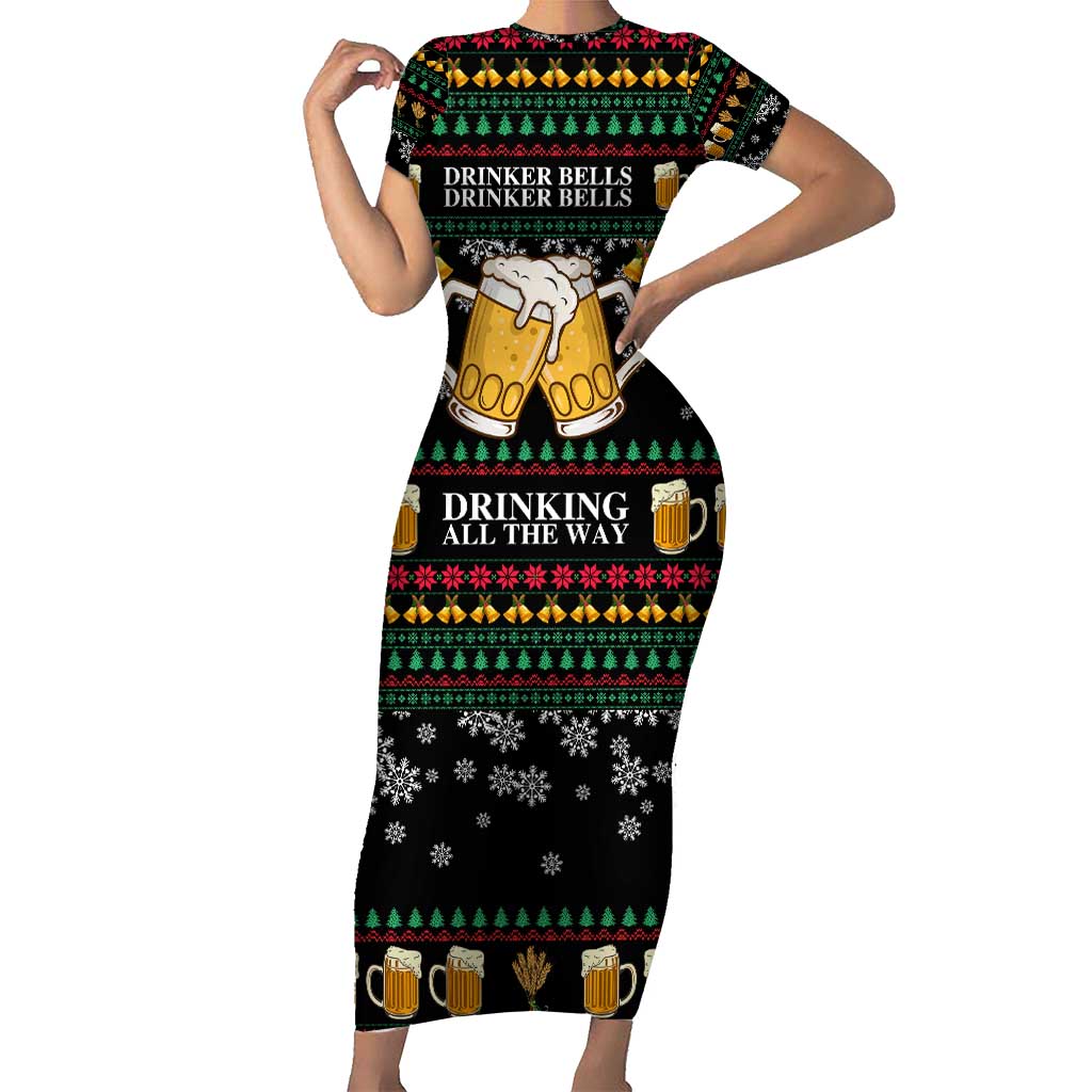 Drinker Bell Christmas Short Sleeve Bodycon Dress Funny Xmas Holiday Patterns - Wonder Print Shop