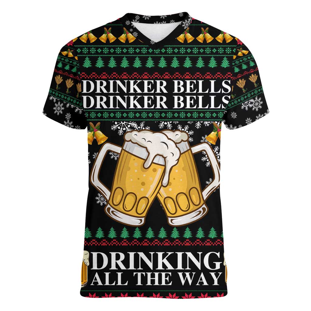 Drinker Bell Christmas Women V-Neck T-Shirt Funny Xmas Holiday Patterns - Wonder Print Shop